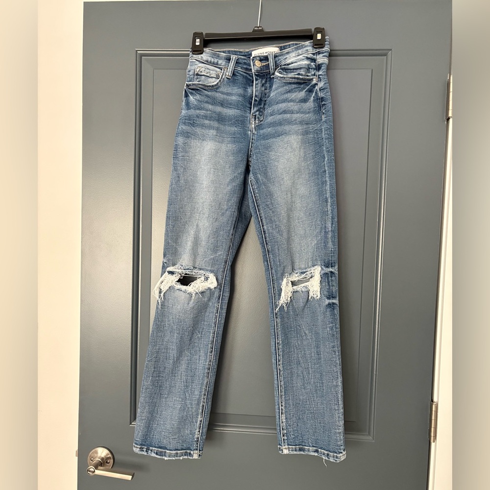 Flying Monkey Women’s Light Blue Distressed Straight Leg Jeans 93% cotton
